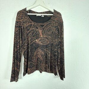 Chico's Travelers Womens Long Sleeve Paisley Scoop Neck Top Size 2 Black & Brown